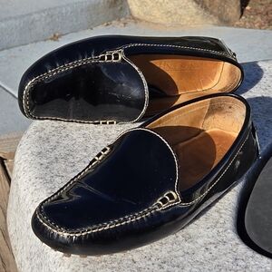 LANDS' END Sz 8.5 W Solid Black PATENT LEATHER LOAFER with Knobby Sole Medium